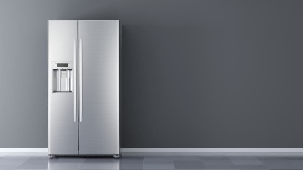 Modern,Side,By,Side,Stainless,Steel,Refrigerator.,Fridge,Freezer,Isolated